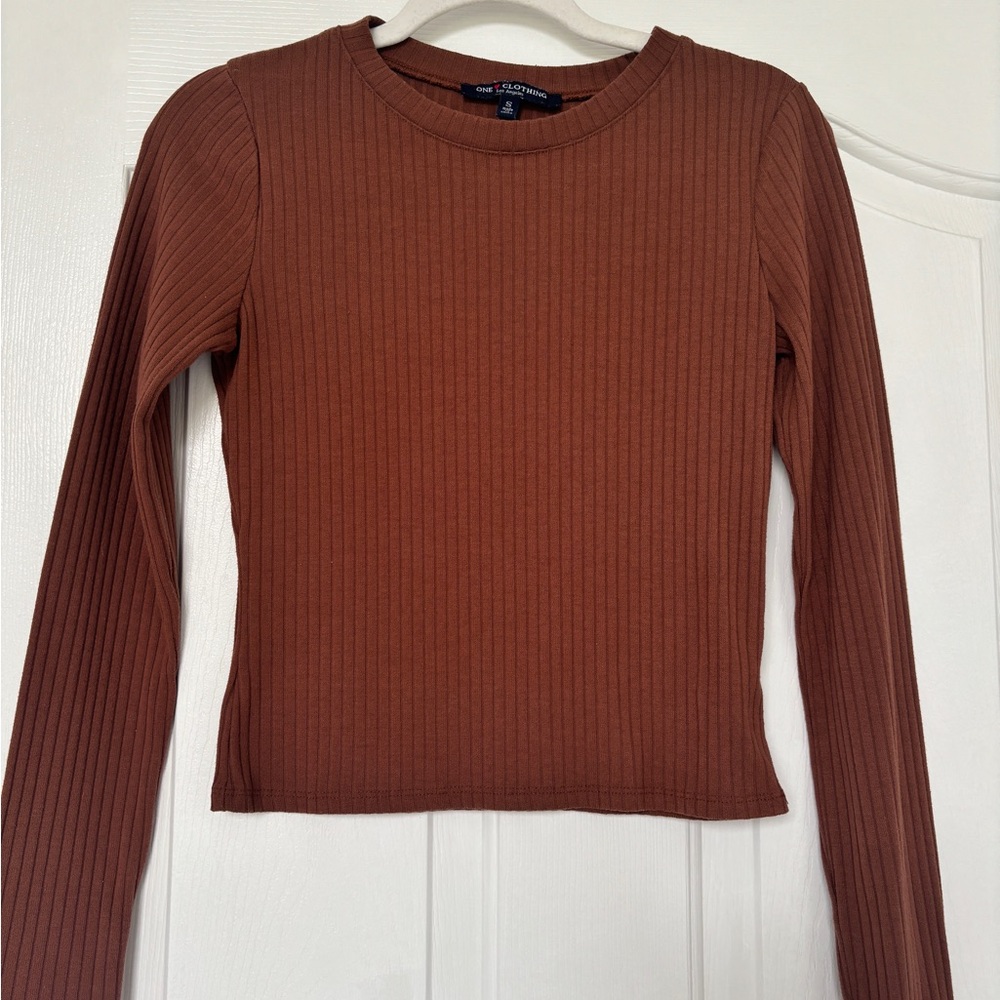 one clothing Ribbed Long-Sleeve Crop Top in Rust Brown